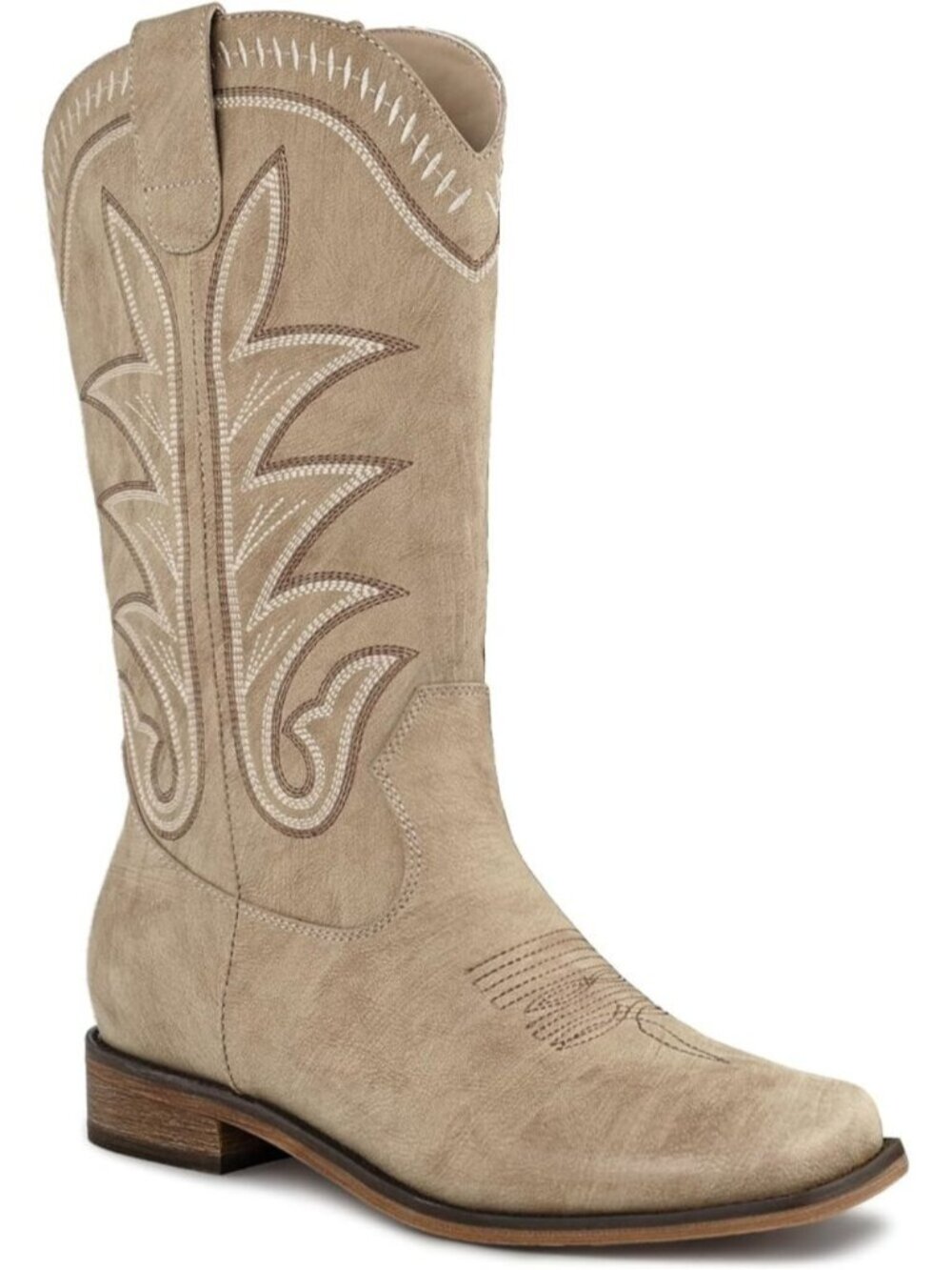 Women's Beige Square Toe Mid Calf Chunky Heel Classic Fall Western Cowgirl Boots